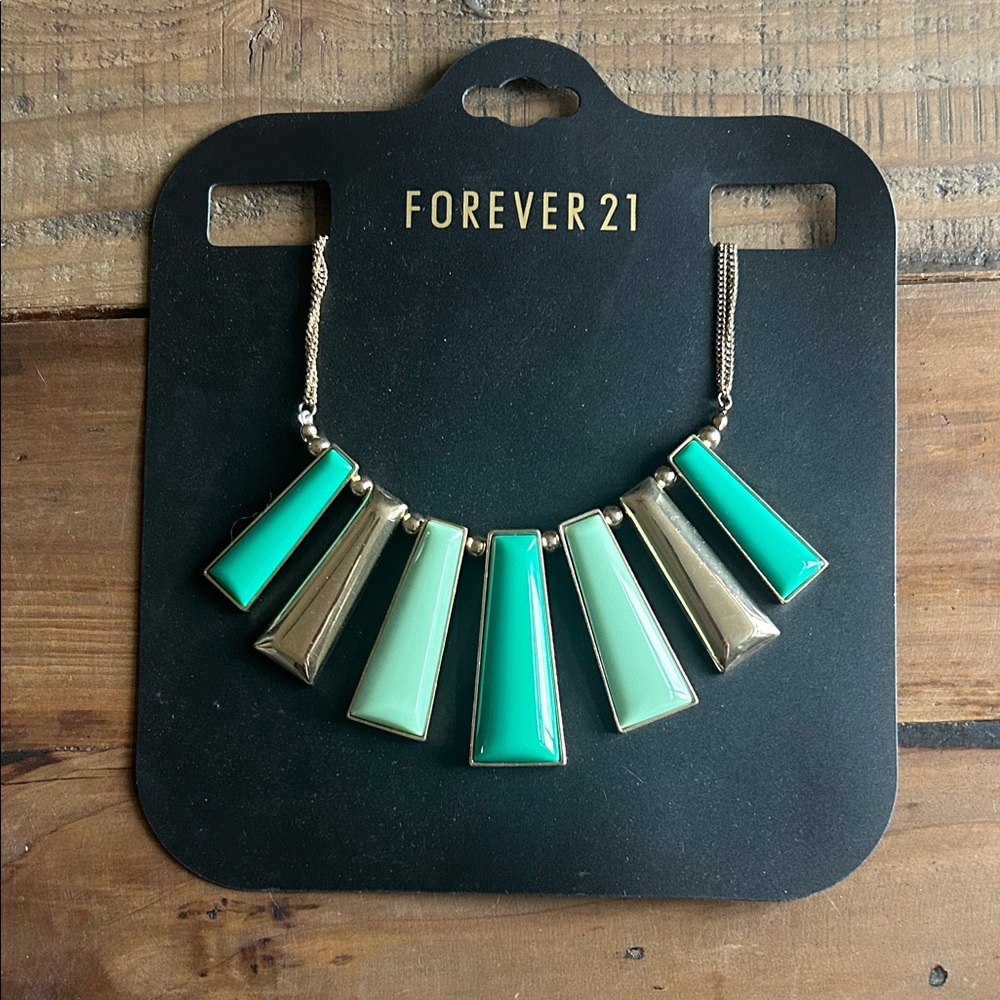 Forever 21 Teal and Mint Geometric Bib Necklace with Gold Accents